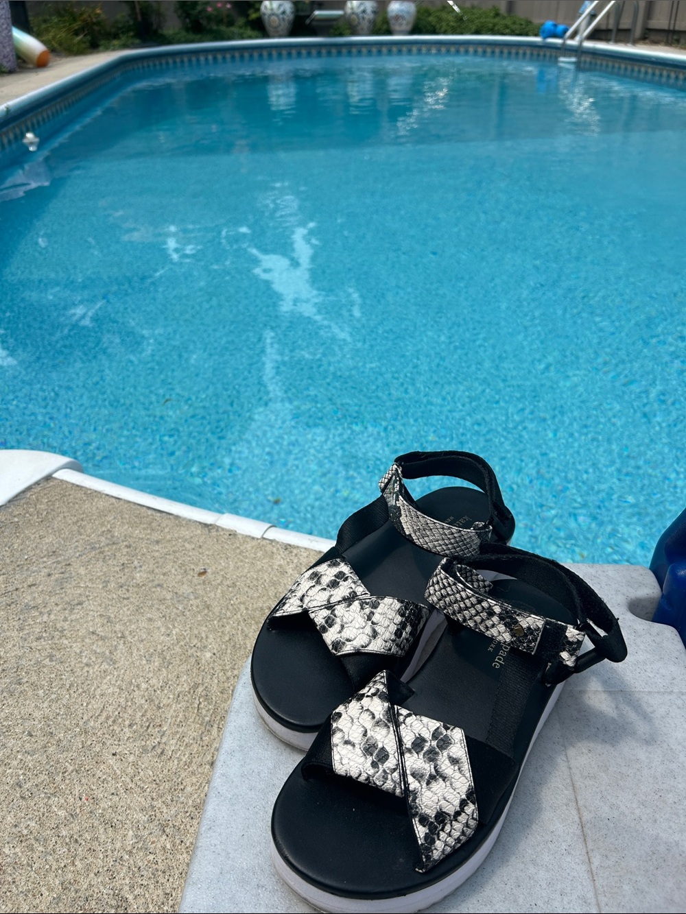 kate spade Black and White Snake-Print Strap Sandals